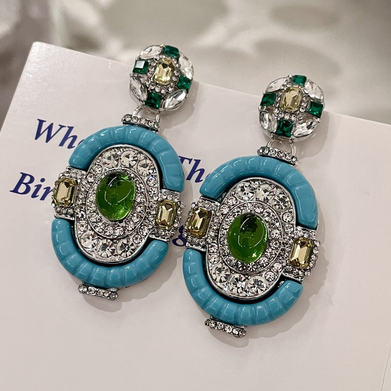 Vintage Fashion Eras - ヴィンテージターコイズエメラルドシルバードロップダングルイヤリング、ビクトリア朝時代のフルダイヤモンド宝石ブルーイヤースタッド、チャンキーなステートメントジュエリー