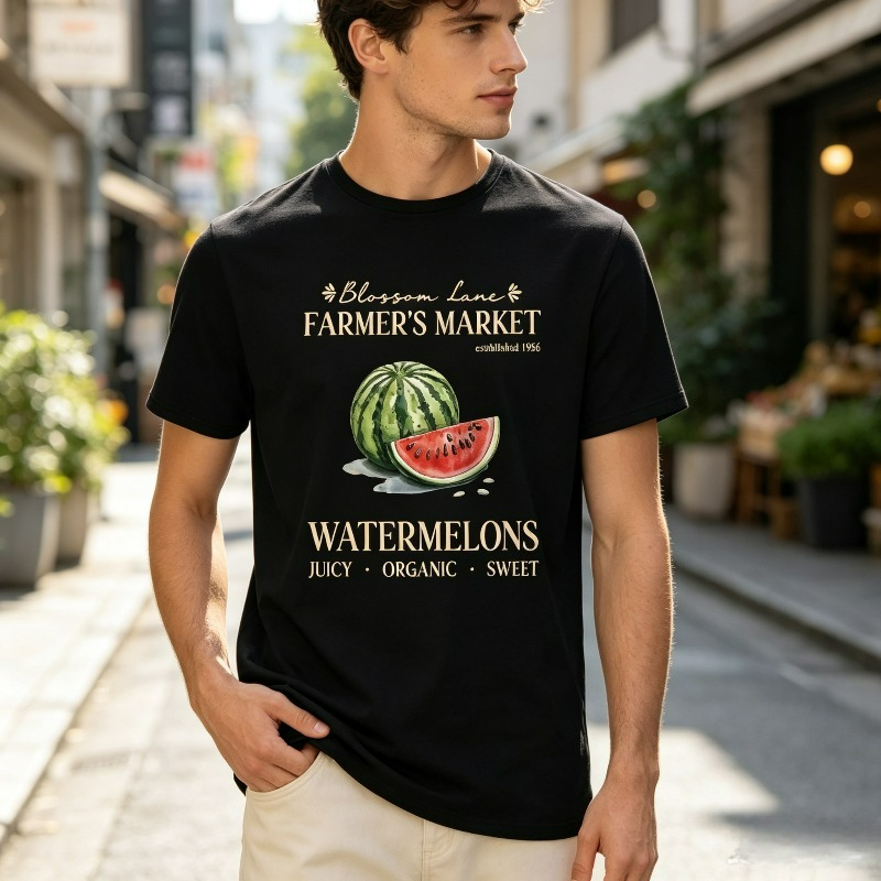 Vintage Fashion Market - メンズ用スイカファーマーマーケットTシャツ ヴィンテージフルーツマーケットプリント カジュアルストリートウェア ベーシック半袖Tシャツ