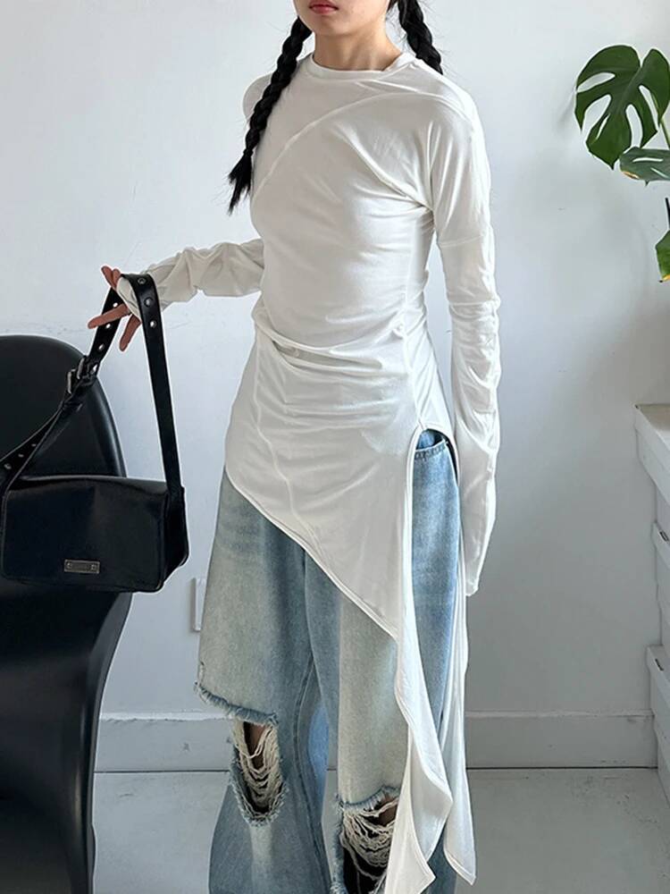 Vintage Fashion Build - 裾女性白不規則エレガントロングスリム Tシャツ新しいラウンドネック長袖ファッション春秋 2026 1D4WF