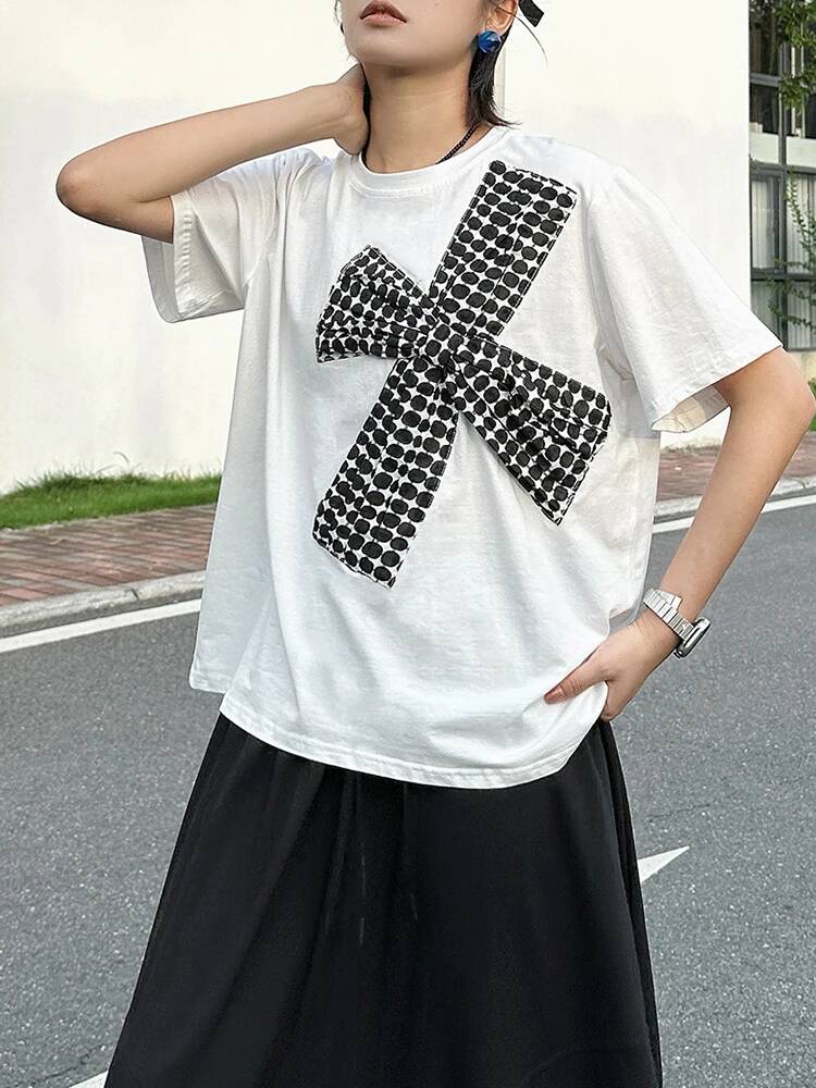 Vintage Fashion Build - ドット女性白プリント 3d リボンビッグサイズ Tシャツ新しいラウンドネック半袖ファッション春夏 2026 GMUZ