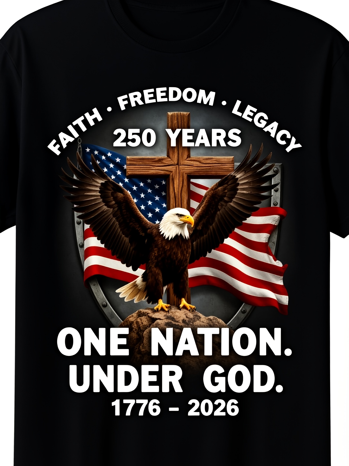 Vintage Fashion History - アメリカ独立250周年記念Tシャツ：信仰の自由を祝う、1776年～2026年、ヴィンテージデザイン、懐かしい歴史を伝えるシャツ、独立250周年記念の言葉がプリントされています。