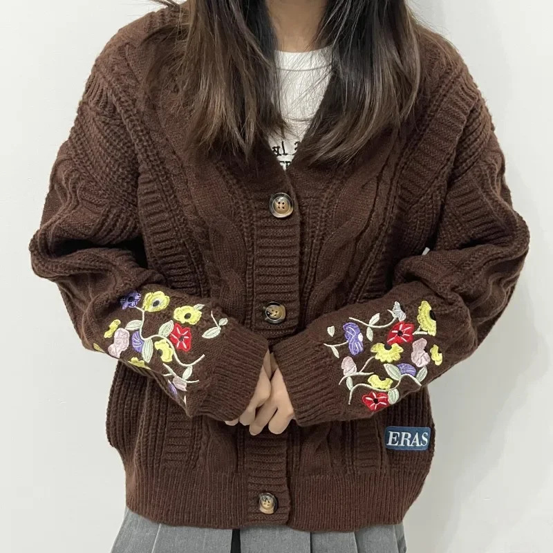 Vintage Fashion Eras - 時代-女性のニットフラワー刺繍カーディガン、プラスサイズのセーター、ヴィンテージファッショントップス、秋冬、y2k、2022