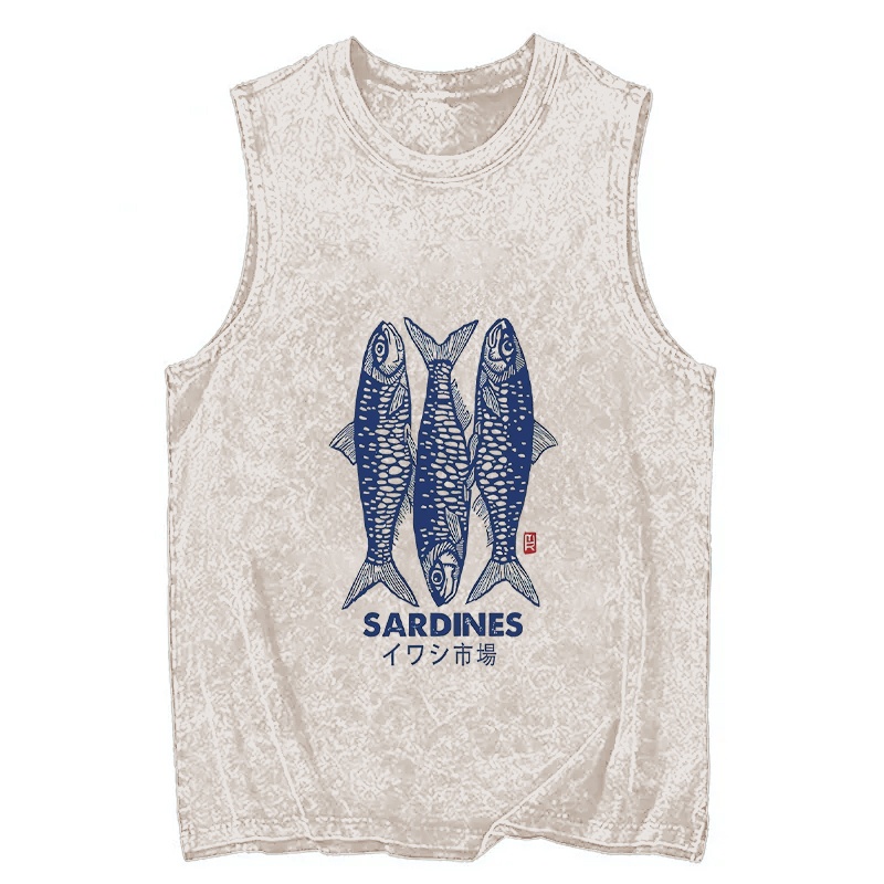 Vintage Fashion Market - ファッションコットンウォッシュドチュニック2026夏ノースリーブベストヴィンテージイワシ日本の魚市場グラフィック原宿タンクトップ