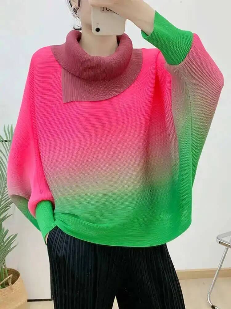プリーツ Tシャツグラデーション女性のためのラペル長袖バット - Vintage Fashion Build のレビューと価格