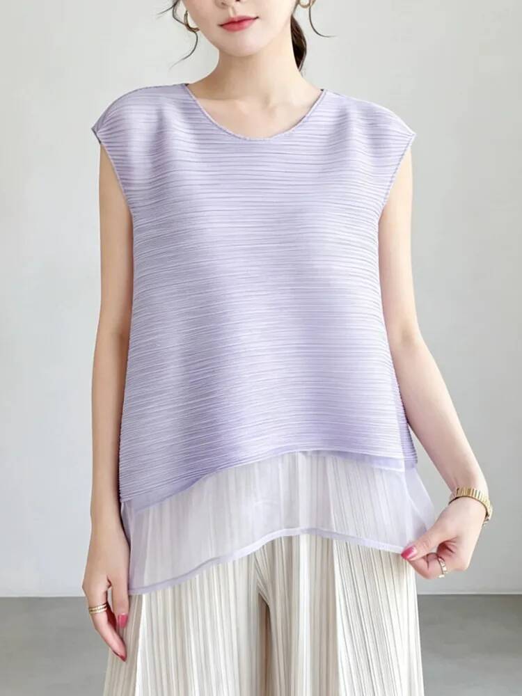 ファッションメッシュパッチワークプリーツトップ女性のラウンド - Vintage Fashion Build のレビューと価格