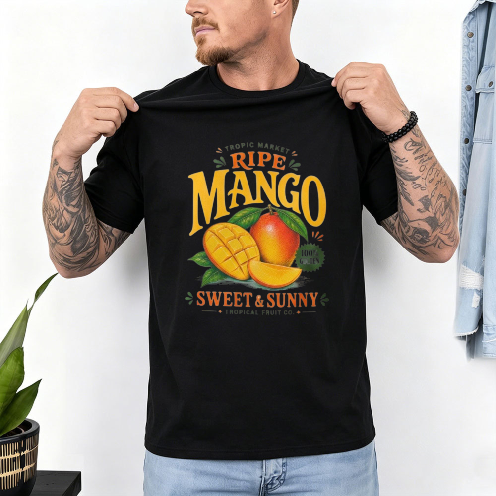 熟したマンゴー柄トロピックマーケットグラフィックTシャツメン - Vintage Fashion Market のレビューと価格